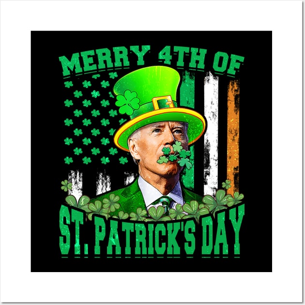 Merry 4th Of St Patrick's Day Leprechaun Hat Funny Joe Biden Wall Art by aminaqabli